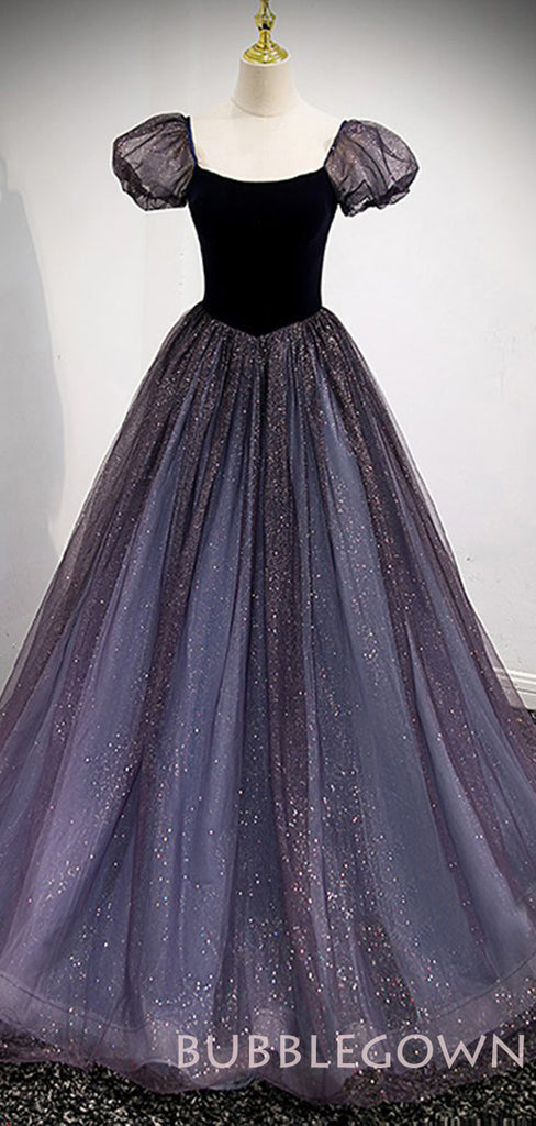 Ball Gown Navy Blue Tulle Sparkly Cap Sleeves Long Evening Prom Dresses, Cheap Custom Prom Dress, MR7830