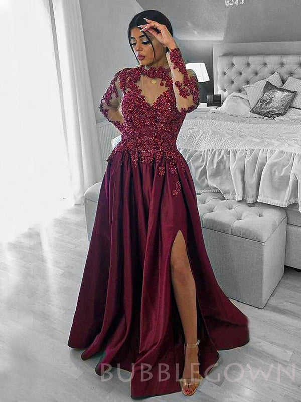 A-line Burgundy Satin Long Sleeves Appliques Long Evening Prom Dresses, Cheap Custom Prom Dresses, MR7831