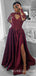 A-line Burgundy Satin Long Sleeves Appliques Long Evening Prom Dresses, Cheap Custom Prom Dresses, MR7831