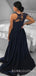 One Shoulder Long Sleeves Navy Blue Satin A-line Appliques Long Evening Prom Dresses, Cheap Custom Prom Dresses, MR7833