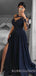 One Shoulder Long Sleeves Navy Blue Satin A-line Appliques Long Evening Prom Dresses, Cheap Custom Prom Dresses, MR7833