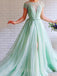 A-line Mint Green Tulle Beaded High Slit Long Evening Prom Dresses, Cheap Custom Prom Dress, MR7835