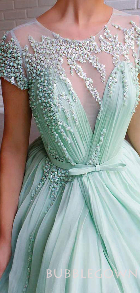 A-line Mint Green Tulle Beaded High Slit Long Evening Prom Dresses, Cheap Custom Prom Dress, MR7835