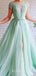 A-line Mint Green Tulle Beaded High Slit Long Evening Prom Dresses, Cheap Custom Prom Dress, MR7835