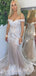 Off Shoulder Champagne Mermaid Tulle Lace Long Evening Prom Dresses, Wedding Dresses, MR7837