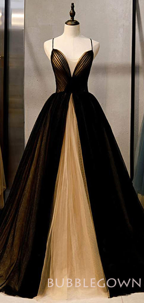 A-line Black Tulle Spaghetti Straps Long Evening Prom Dresses, Cheap Custom Prom Dress, MR7841