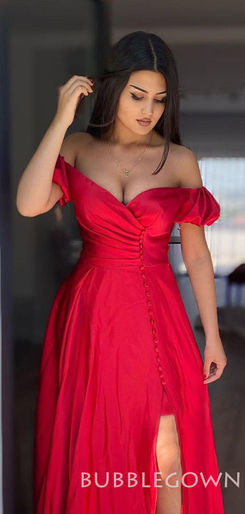 Off Shoulder Red Satin A-line Long Evening Prom Dresses, Cheap Custom prom dresses, MR7842