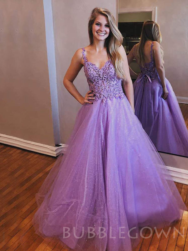 A-line Lilac Tulle Appliques Long Evening Prom Dresses, Cheap Custom Prom Dress, MR7843