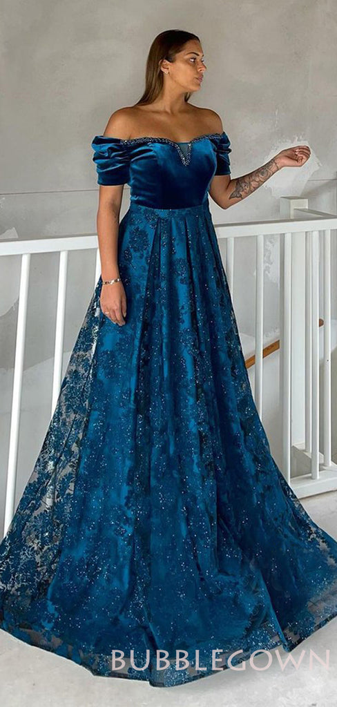 A-line Off Shoulder Dark Green Lace Long Evening Prom Dresses, Cheap Custom Prom Dress, MR7846