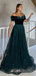 A-line Off Shoulder Dark Green Lace Long Evening Prom Dresses, Cheap Custom Prom Dress, MR7846