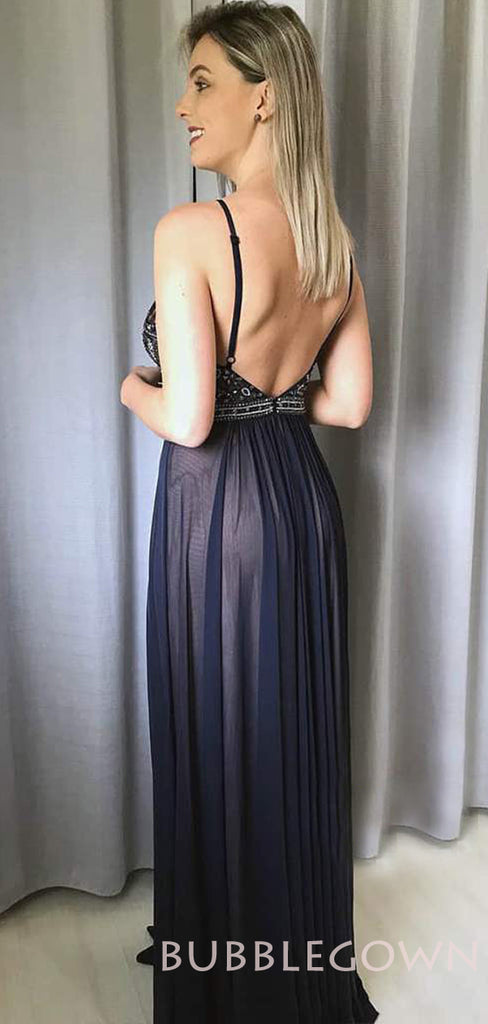 Navy Blue Chiffon Beaded A-line Spaghetti Straps Long Evening Prom Dresses, Cheap Custom Prom Dresses, MR7847