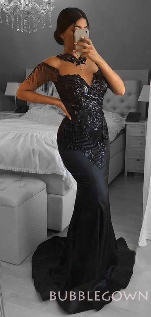 Mermaid Black Satin Appliques Long Evening Prom Dresses, Cheap Custom Prom Dresses, MR7848