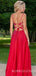 A-line Burgundy Satin V Neck Beaded side slit Long Evening Prom Dresses, Cheap Custom prom dresses, MR7850