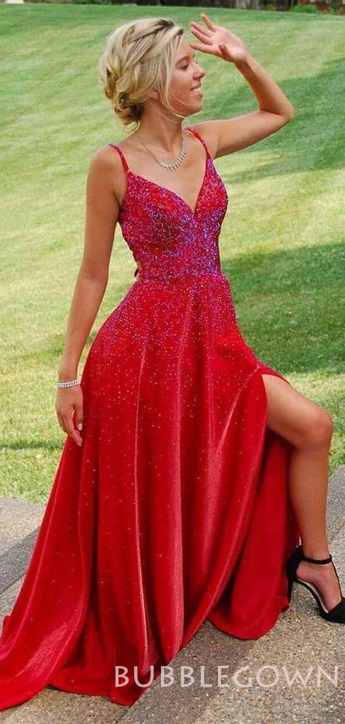 A-line Burgundy Satin V Neck Beaded side slit Long Evening Prom Dresses, Cheap Custom prom dresses, MR7850