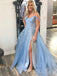 Off Shoulder Blue Tulle A-line Long Evening Prom Dresses, Cheap Custom Prom Dresses, MR7862