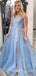 Off Shoulder Blue Tulle A-line Long Evening Prom Dresses, Cheap Custom Prom Dresses, MR7862