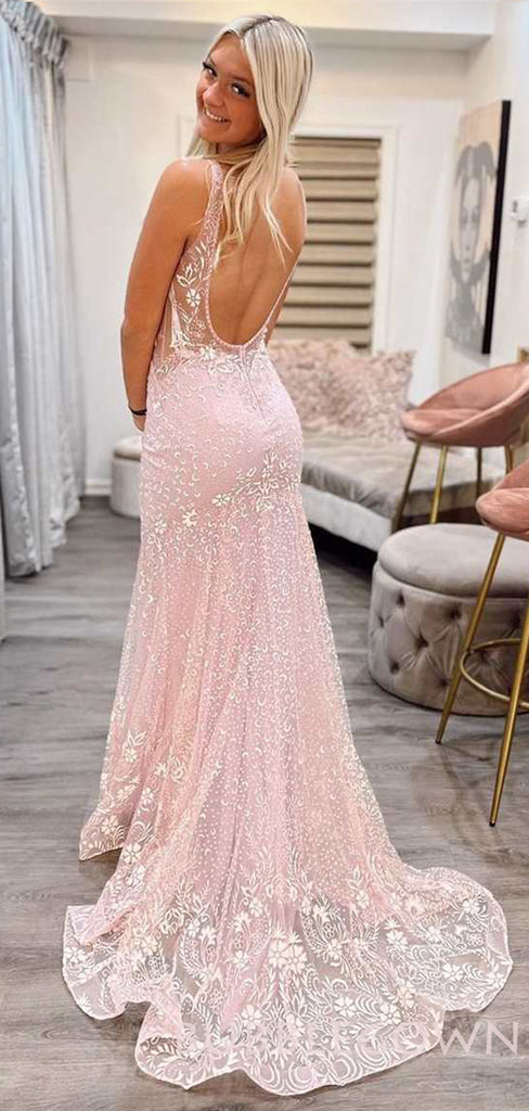 Sexy V-neck Mermaid Pink Lace Long Backless Evening Prom Dresses, MR7863