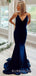 Navy Blue Mermaid Spaghetti Straps Beaded Long Evening Prom Dresses, Cheap Custom Prom Dresses, MR7865