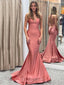 Coral Satin Mermaid Long Backless Evening Prom Dresses, Cheap Custom Prom Dress, MR7866