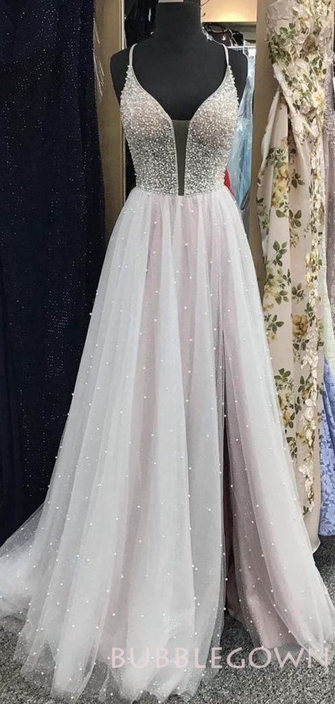 A-line Grey Tulle Beaded Long Evening Prom Dresses, Cheap Custom Prom Dress, MR7870