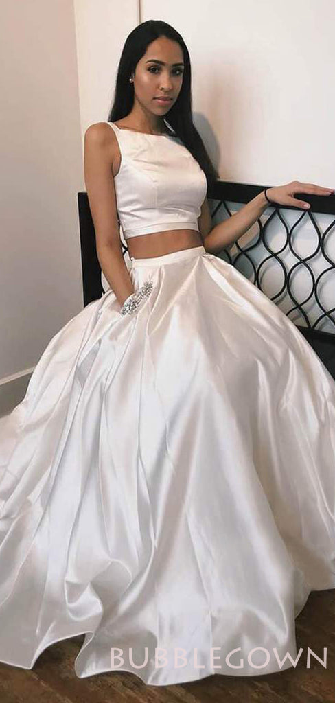 Two Pieces A-line White Satin Long Evening Prom Dresses, Wedding Dresses, MR7872