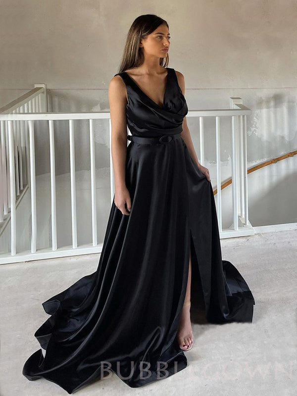 A-line Black Satin V-neck Long Evening Prom Dresses, Custom Prom Dress, MR7873