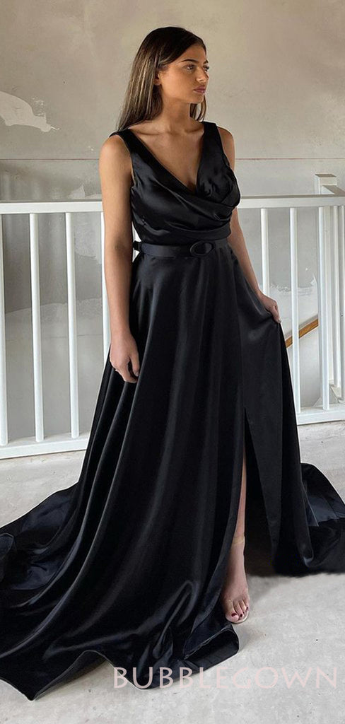 A-line Black Satin V-neck Long Evening Prom Dresses, Custom Prom Dress, MR7873