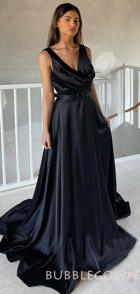 A-line Black Satin V-neck Long Evening Prom Dresses, Custom Prom Dress, MR7873