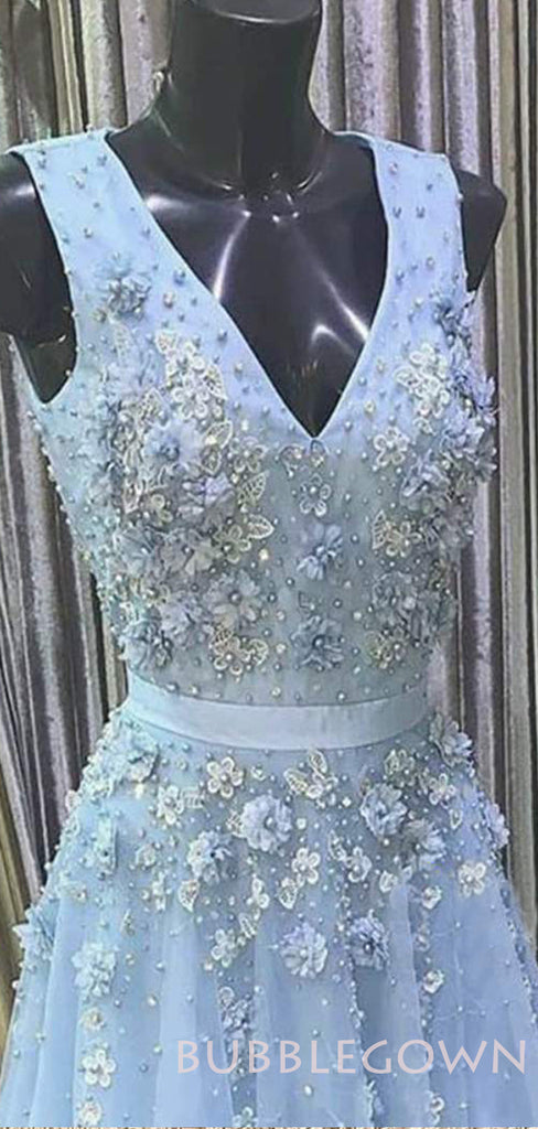 Blue Tulle A-line Appliques Long Evening Prom Dresses, Cheap Custom Prom Dresses, MR7875