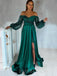 Off Shoulder A-line Green Satin Sequin Long Evening Prom Dresses, Custom Prom Dress, MR7877