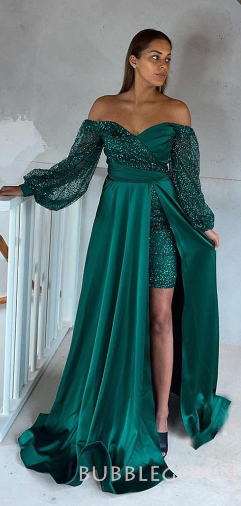 Off Shoulder A-line Green Satin Sequin Long Evening Prom Dresses, Custom Prom Dress, MR7877