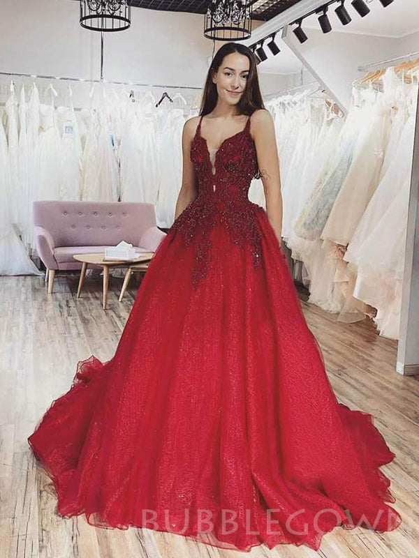 Burgundy Tulle Sparkly A-line Long Evening Prom Dresses, Ball Gown Prom Dresses, MR7878