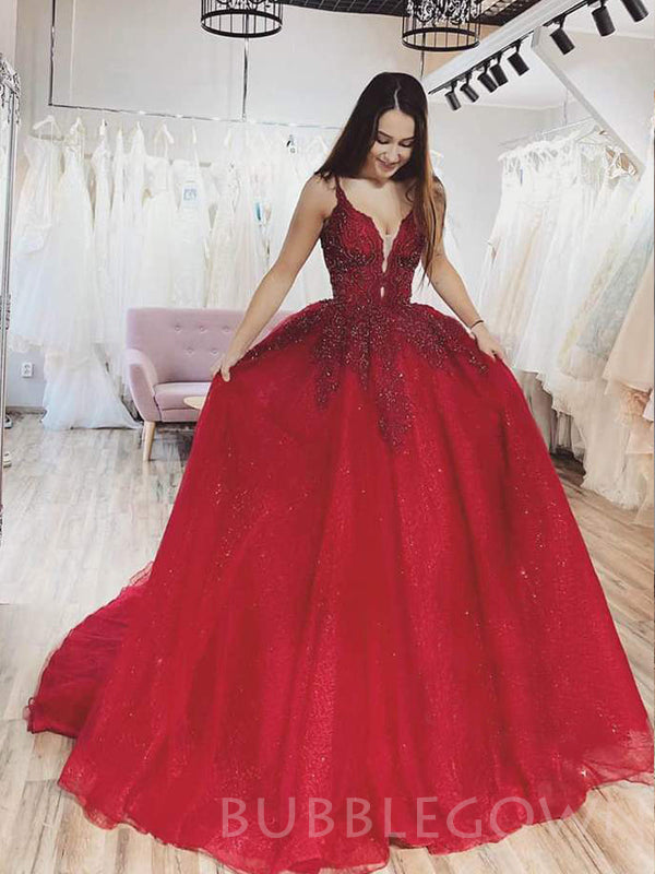 Burgundy Tulle Sparkly A-line Long Evening Prom Dresses, Ball Gown Prom Dresses, MR7878