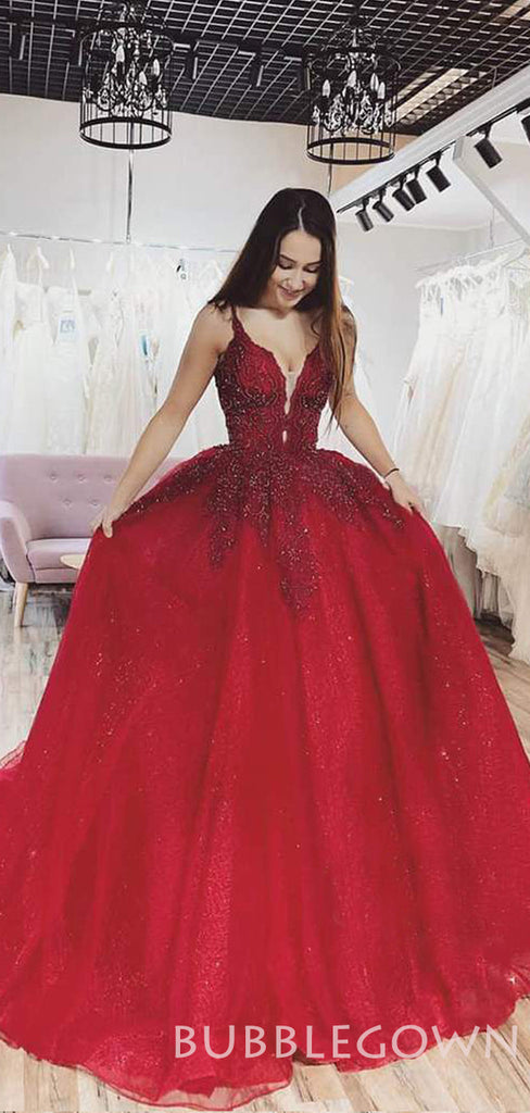 Burgundy Tulle Sparkly A-line Long Evening Prom Dresses, Ball Gown Prom Dresses, MR7878