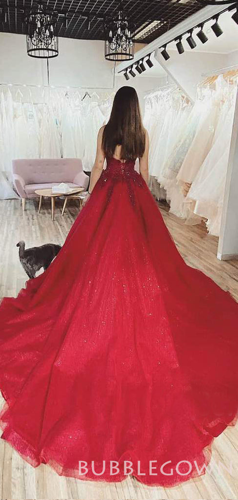 Burgundy Tulle Sparkly A-line Long Evening Prom Dresses, Ball Gown Prom Dresses, MR7878