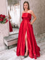 Red Satin Strapless A-line Long Evening Prom Dresses, Cheap Custom Prom Dresses, MR7880