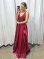 Sexy V-neck Burgundy Satin Beaded Long Evening Prom Dresses, Cheap Custom prom dresses, MR7883