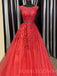 A-line Red Tulle Appliques Lace Bateau Long Evening Prom Dresses, Cheap Custom Prom Dresses, MR7885