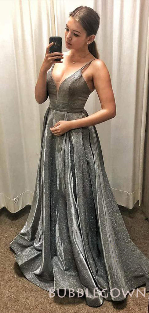 A-line Silver Grey Spaghetti Straps Long Evening Prom Dresses, Cheap Custom Prom Dresses, MR7886