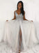 A-line Beaded White Tulle V-neck Long Evening Prom Dresses, Cheap Custom Prom Dress, MR7887