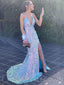 Mermaid Blue Sequin Spaghetti Straps Long Evening Prom Dresses, Cheap Custom Prom Dresses, MR7891