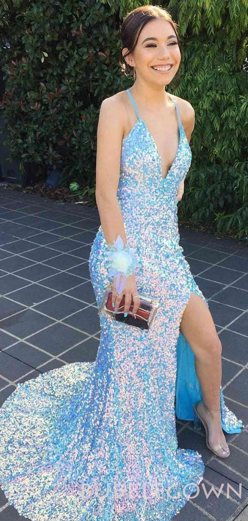 Mermaid Blue Sequin Spaghetti Straps Long Evening Prom Dresses, Cheap Custom Prom Dresses, MR7891