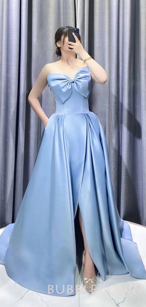 A-line Blue Satin Strapless Long Evening Prom Dresses, Cheap Custom Prom Dresses, MR7893