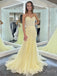 Mermaid Yellow Tulle Beaded Strapless Long Evening Prom Dresses, Cheap Prom Dress, MR7894