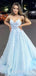 Sky Blue Tulle A-line Spaghetti Straps Appliques Lace Long Evening Prom Dresses, MR7897