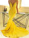 Yellow Satin Mermaid Spaghetti Straps Long Evening Prom Dresses, Cheap Custom Prom Dress, MR7901