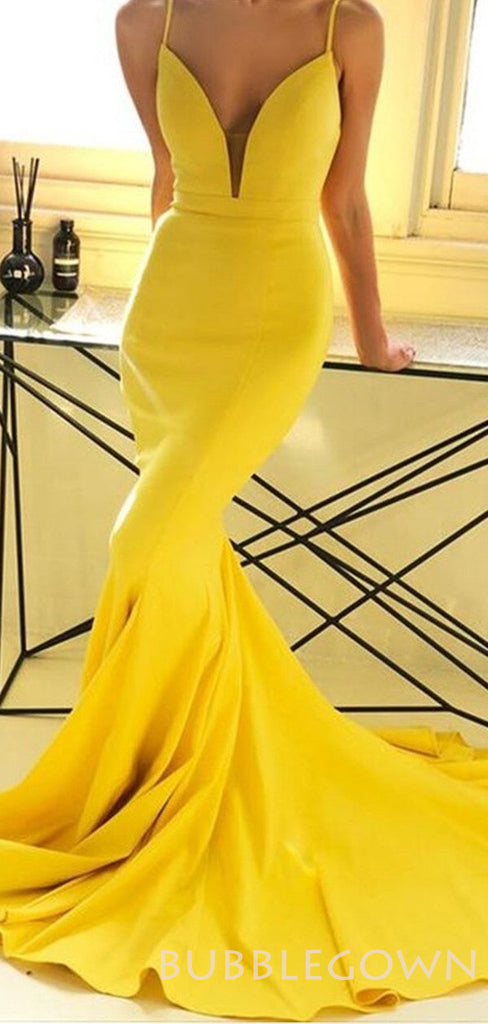 Yellow Satin Mermaid Spaghetti Straps Long Evening Prom Dresses, Cheap Custom Prom Dress, MR7901