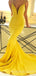 Yellow Satin Mermaid Spaghetti Straps Long Evening Prom Dresses, Cheap Custom Prom Dress, MR7901