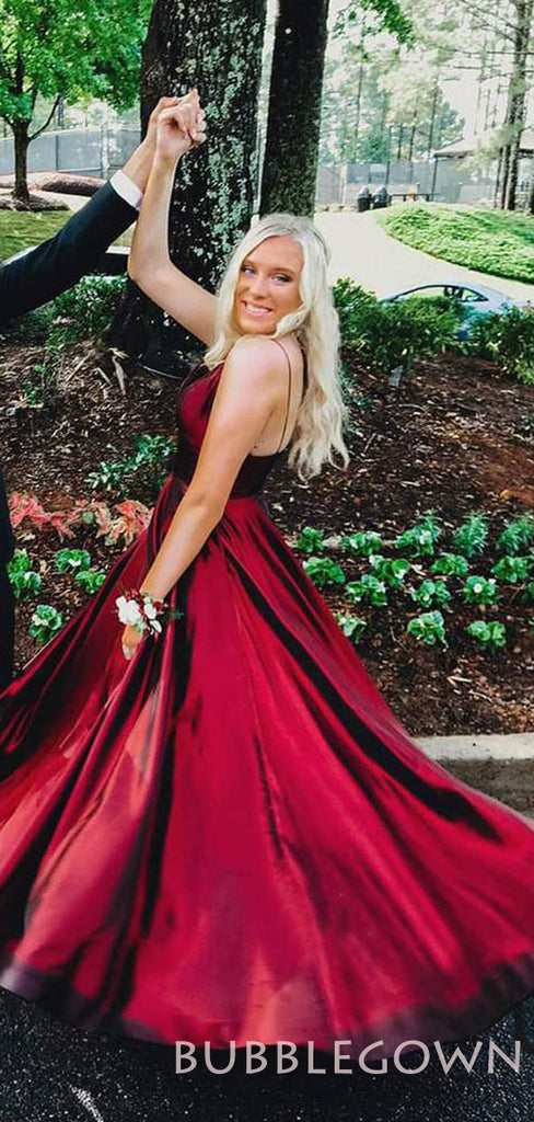 A-line Burgundy Satin Spaghetti Straps Long Evening Prom Dresses, Cheap Custom Prom Dresses, MR7906