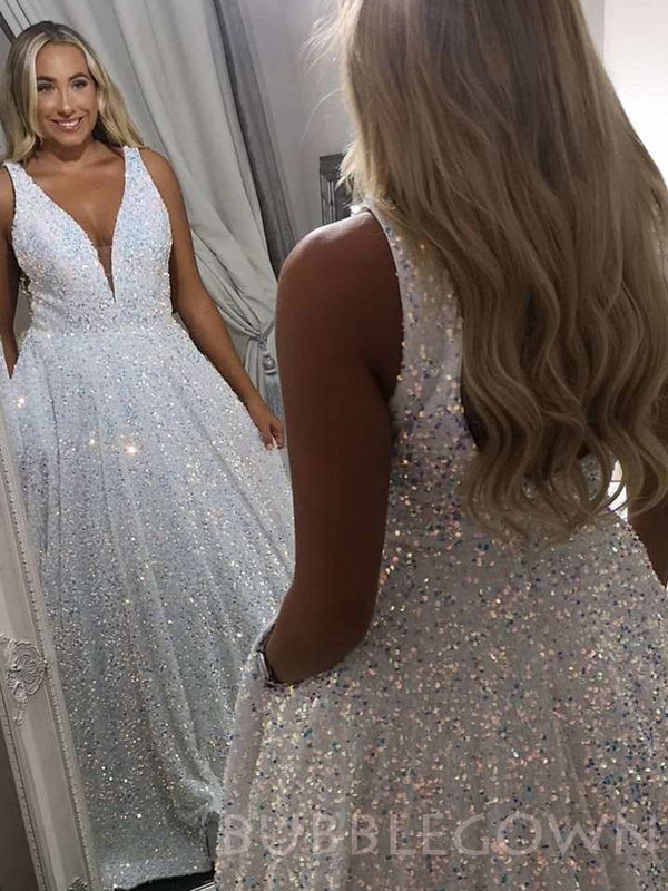 Deep V-neck A-line White Sequin Long Evening Prom Dresses, Cheap Custom Prom Dresses, MR7908